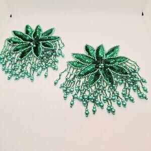 Green Sequin/Bead Starburst Epaulets  Bead Fringe Lot of 2